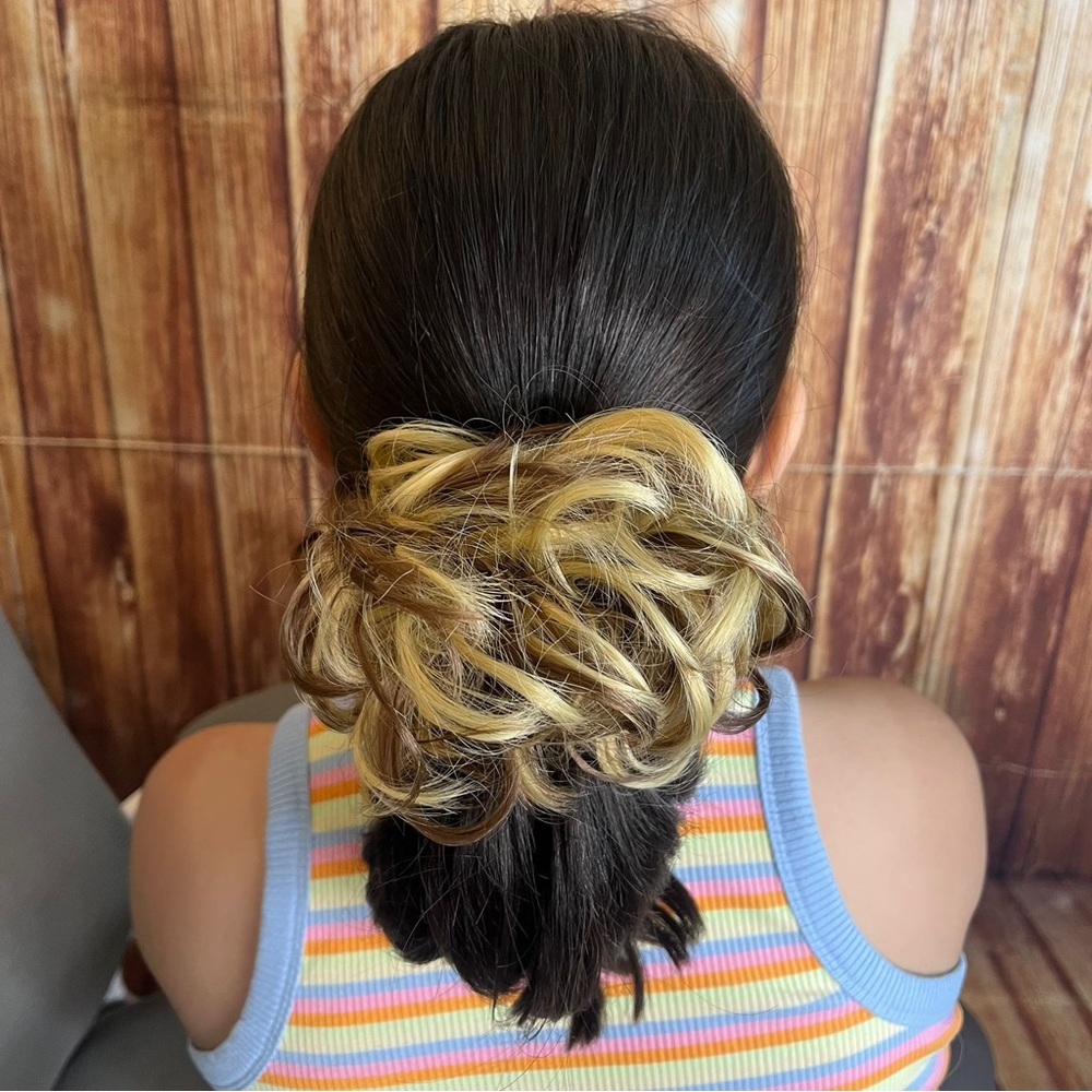 Curly Messy Hair Bun Scrunchie Blonde and Brown Mix Synthetic Updo Extension